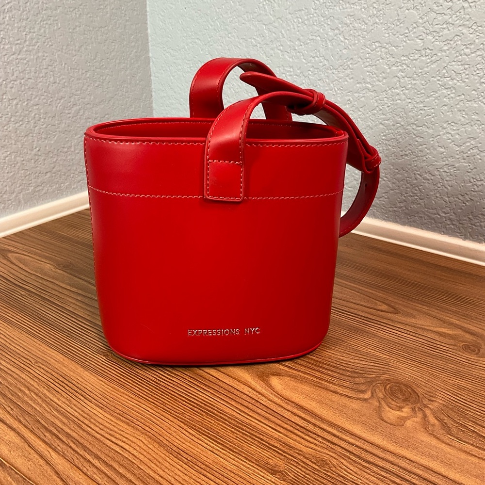 Expressions NYC Bold Red Bucket Bag. Recycled plastic bottles eco leather